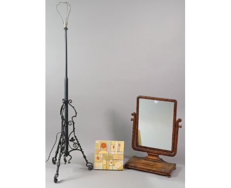 A 19th century mahogany rectangular swing toilet mirror on a rectangular platform 77cm high; together with a black painted wr