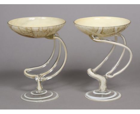 *Ammended*&nbsp;A pair of art glass tazzas, each with a white marble-effect bowl, &amp; on a stylised centre column &amp; a r