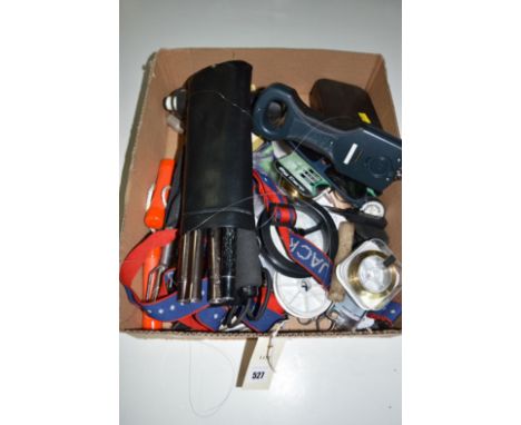 A box containing fishing lines; spools of fishing lines; lures; fly tying implements; scales; priests; Wheatley lure box and 