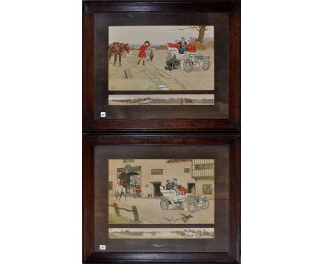 Cecil Aldin - "A Check" and "Gone Away" - fox hunters coming to the assistance of a lady in a vintage car, chromolithographs.