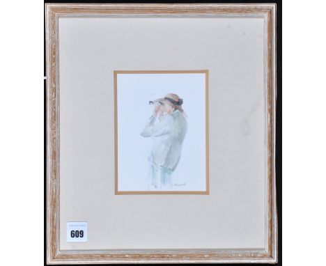 Jonathan Trowell - "At the Races" - a portrait of Lady Grimpthorpe, signed, watercolour, 15 x 11cms; 6 x 4 3/8in.