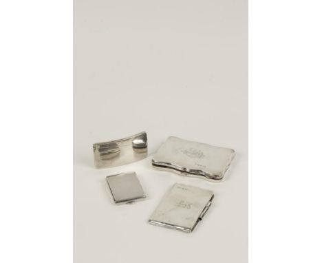 AN EDWARDIAN AIDE MEMOIRE of shaped rectangular form, monogrammed, 4", another aide memoire, an engine-turned match case and 