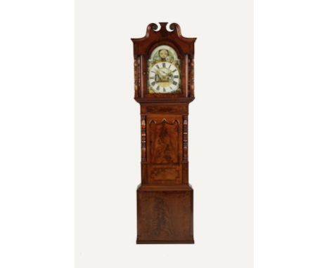 A MAHOGANY LONGCASE CLOCK, the arched dial with a moon face, the chapter ring flanked by spandrels painted with representatio