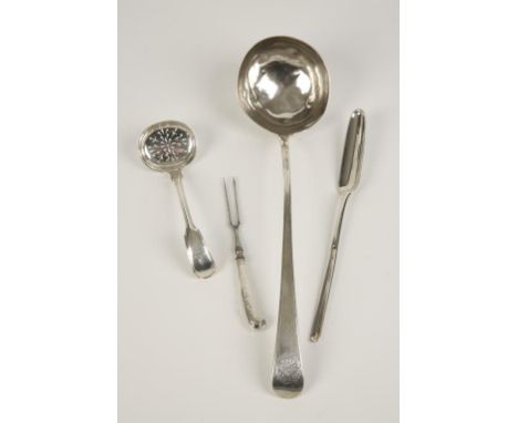 A GEORGE III SOUP LADLE of Old English pattern, crested, by Thomas Chawner, London 1772, 12" long, a marrow scoop, a sifter l