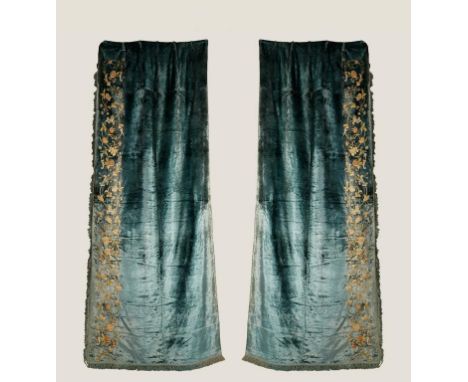 A SUITE OF SEA-GREEN VELVET CURTAINS, probably 19th century, each 120" x 56" with floral needlework borders and trimmed edges