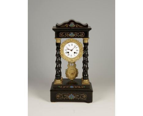 A 19TH CENTURY FRENCH MANTEL CLOCK, the white enamelled dial with Roman numerals, within a foliate gilt border with decorativ