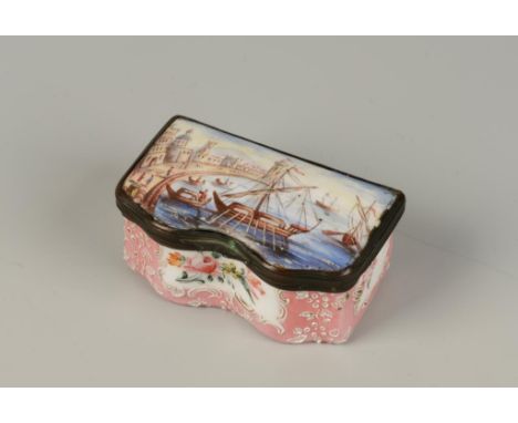A STAFFORDSHIRE ENAMELLED SNUFF BOX, of cartouche form, painted to the hinged lid with boats at a European harbour, the body 