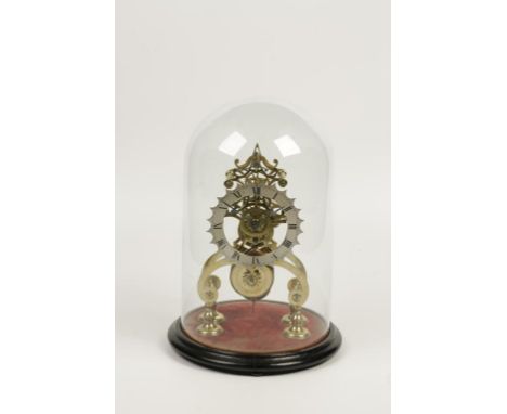 A BRASS SKELETON CLOCK, with single fusee, under a glass dome, 12.5" high.