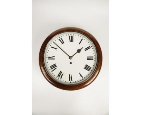 A VICTORIAN MAHOGANY CASED WALL CLOCK, with plain white dial and single winding hole, 15" wide