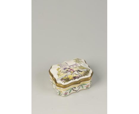 A CONTINENTAL ENAMELLED TABLE SNUFF BOX, of cartouche form, enamelled in polychrome against a white ground with a man riding 