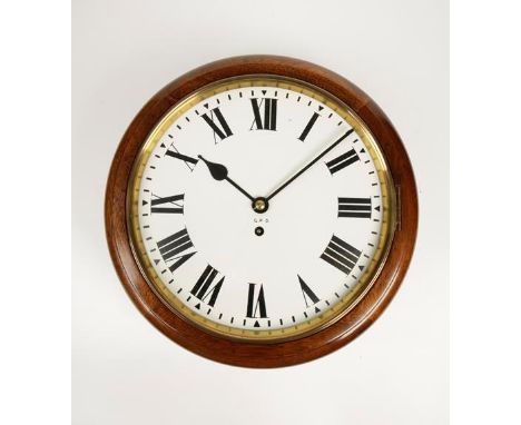 A MAHOGANY CASED DIAL CLOCK, the circular white enamel dial marked G.P.O with Roman numerals, with a single train fusee movem