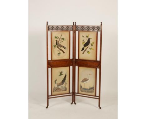 A VICTORIAN TWO-FOLD DRAUGHT SCREEN with "Moorish" style bobbin-turned decoration, above four feather pictures of exotic bird