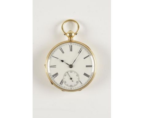 A GENTLEMANS 18CT YELLOW GOLD OPEN FACED POCKET WATCH, the white enamel dial with Roman numerals and subsidiary seconds dial,