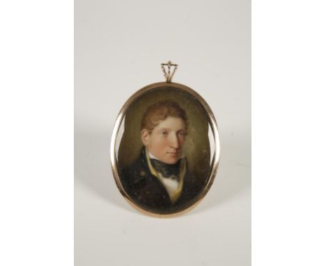 ENGLISH SCHOOL, 19TH CENTURY A portrait miniature painted on ivory of a gentleman, looking to the right wearing a white stock