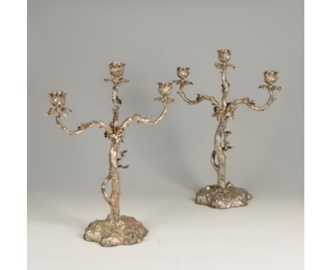 A PAIR OF ELKINGTON & CO. SILVER PLATED CANDELABRA, each with three leaf cast candle scones on naturalistic branch effect sup