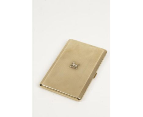 ADIE BROTHERS LTD: A 9CT YELLOW GOLD CIGARETTE CASE, with engine turned decoration and applied with a motif of a dog to the h