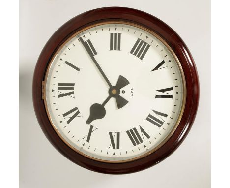 G.P.O: A VICTORIAN MAHOGANY CASED WALL CLOCK, with white enamel dial and single winding hole, 24" wide. See illustration.