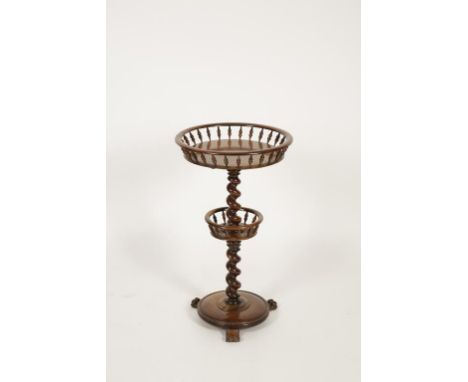 A VICTORIAN ROSEWOOD WORKSTAND, the circular top with a raised border on bobbin turned supports, on a spiral turned column wi