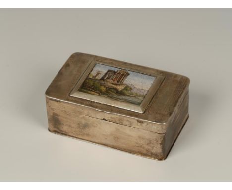 A VICTORIAN TABLE SNUFF BOX of rectangular form, the cover inset with a micro-mosaic plaque depicting a ruined temple on a br