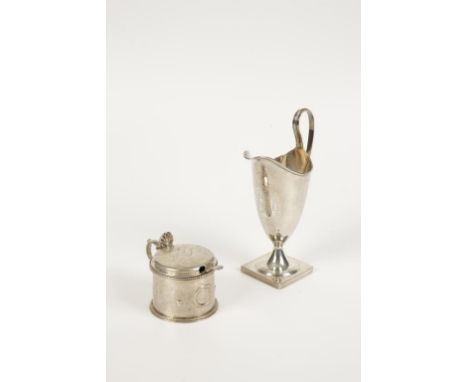 A GEORGE III CREAM JUG of helmet form with reeded angular handle and square base, monogrammed, makers mark rubbed, London 178