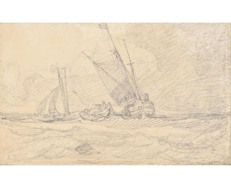 John Sell Cotman (1782-1842) - Fishing Boats, pencil, 12 x 19cm, with inscription on an old label on the backboard: This sket