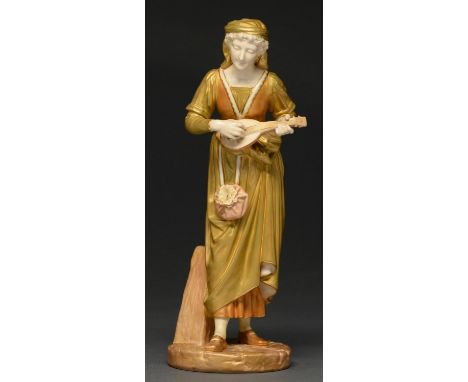 A Royal Worcester figure of a musician, 1917, designed by James Hadley, 30cm h, printed marks  Head of lute repaired