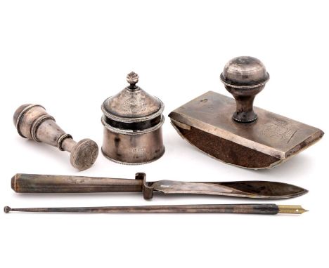 A Russian silver desk set, comprising cylindrical inkwell and cover, pen, seal with engraved matrix, letter knife and blotter