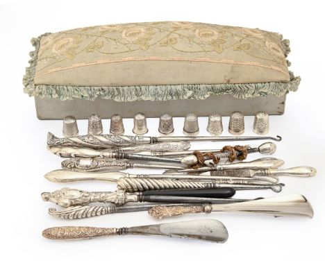 Eight silver handled button hooks and two silver handled glove button hooks, Victorian - George V, several similar articles a