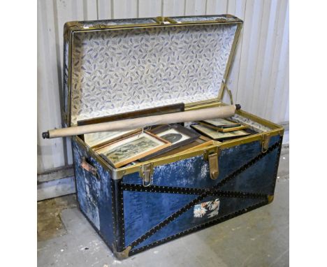 Vintage Luggage. A cabin trunk, mid-20th c, 101cm w, enclosing miscellaneous bygones, including Bakelite radio, sewing machin