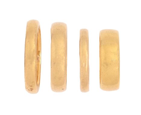 Four 22ct gold wedding rings,&nbsp;21.3g, size J, O, P  Light wear