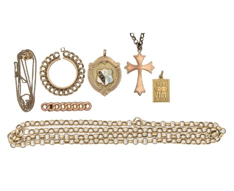 A 9ct gold and enamel watch fob shield, 35mm, Birmingham 1921, miscellaneous gold articles and a gold coloured metal chain, 4