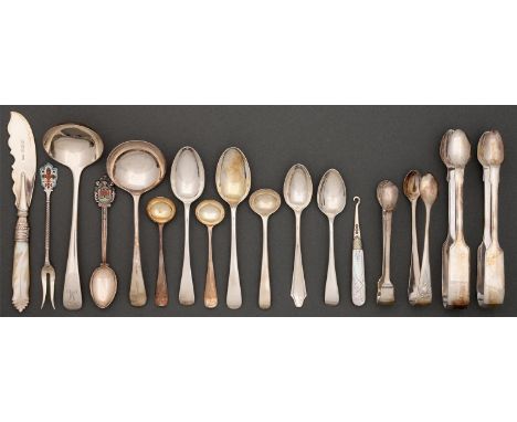 Four pairs of silver sugar tongs, two sauce ladles and miscellaneous other small flatware, Victorian and later, a silver haft