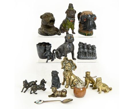 A Victorian EPNS mounted pug dog novelty barrel shaped oak pepperette, with glass eyes, 55mm h and various cold painted and o
