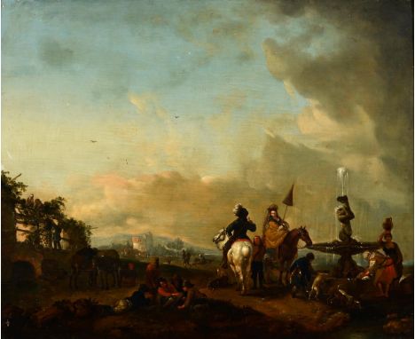 Attributed to Carel van Falens (1683-1733) - Cavalier on a White Horse Halting to take Refreshment at a Fountain amongst Peas