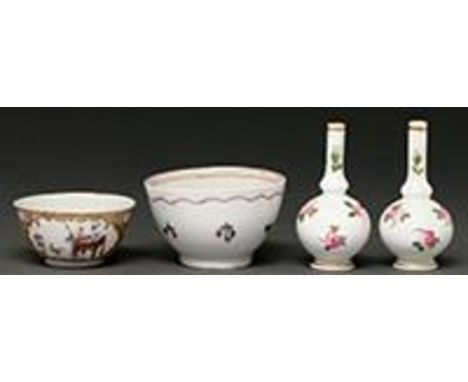 A Chinese famille rose tea bowl, c1770, enamelled with panels of figures in gilt reserves, a New Hall, hard paste, tea bowl a