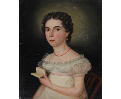British Naive Artist, early 19th c - Portraits of Young Women,&nbsp;two, seated half length, blue or white dress, oil on pane