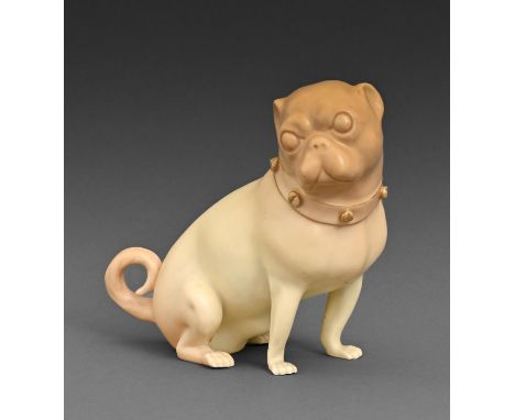 A Royal Worcester model of a pug dog, 1909, in a typical shaded apricot palette, with gilt collar, 13cm h, puce printed mark 