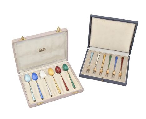 A Harlequin set of six Danish silver gilt and translucent enamel coffee spoons, mid 20th c, by Egon Lauridsen and a set of tw