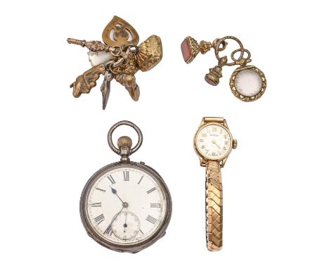 A Vertex 9ct gold lady's wristwatch, 19mm diam, on gold plated expanding bracelet, a silver keyless lever watch with silver c