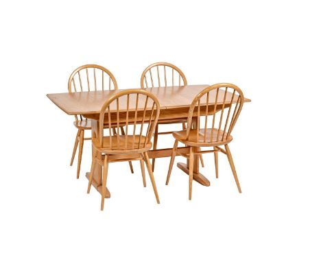 An Ercol ash Windsor dining table and set of four chairs, table 73cm h; 92 x 151cm (unextended)  Very good condition