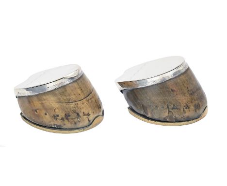 Two Scottish Victorian silver mounted horse hoof inkwells, the lid with invisible joint, brass horseshoe, 14 and 15cm l, by J