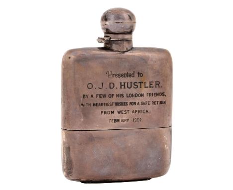 A Victorian silver hip flask, engraved Presented to O. J. D. Hustler by a few of his London friends with heartiest wishes for