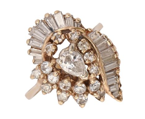 A diamond cluster&nbsp;ring,&nbsp;with larger central pear shaped diamond enveloped in an asymmetrical surround of brilliant 