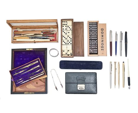 A part set of Victorian draughtman's instruments in rosewood case, 18.5cm l and miscellaneous other items, to include a light