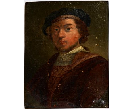 Follower of Rembrandt - Portrait of a Man with a Gold Chain, oil on canvas partly laid on panel, 22.5 x 17.5cm  Some old rest