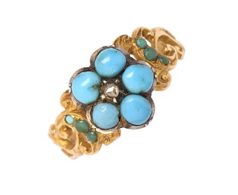 A Victorian turquoise and chip-diamond ring, the cluster set in silver on associated gold hoop with pierced shoulders, 2.7g  