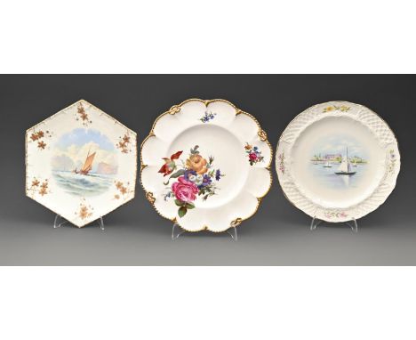 An hexagonal Staffordshire bone china plate, c1890, painted by L Aubrey, signed, with Bradda Head, Isle of Man, in moulded gi