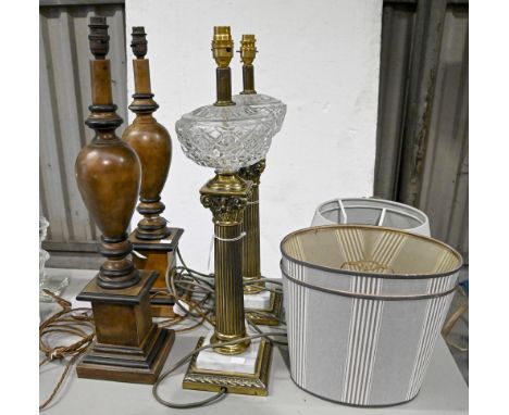 Interior Decoration. A pair of Corinthian gilt-brass and marble columnar table lamps, late 20th c,&nbsp;moulded glass reservo