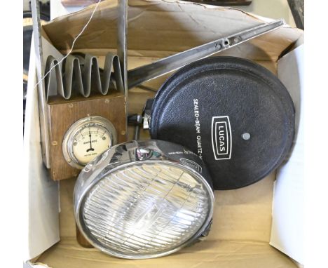 Automobilia. A Lucas sealed-beam quartz-halogen light,&nbsp;14.5cm diam, a Jaguar car badge, an Amperes voltmeter, etc&nbsp; 