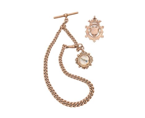 A 9ct gold albert and T-bar, c1900, 35cm, links individually marked, a contemporary pierced 9ct gold watch fob shield and com